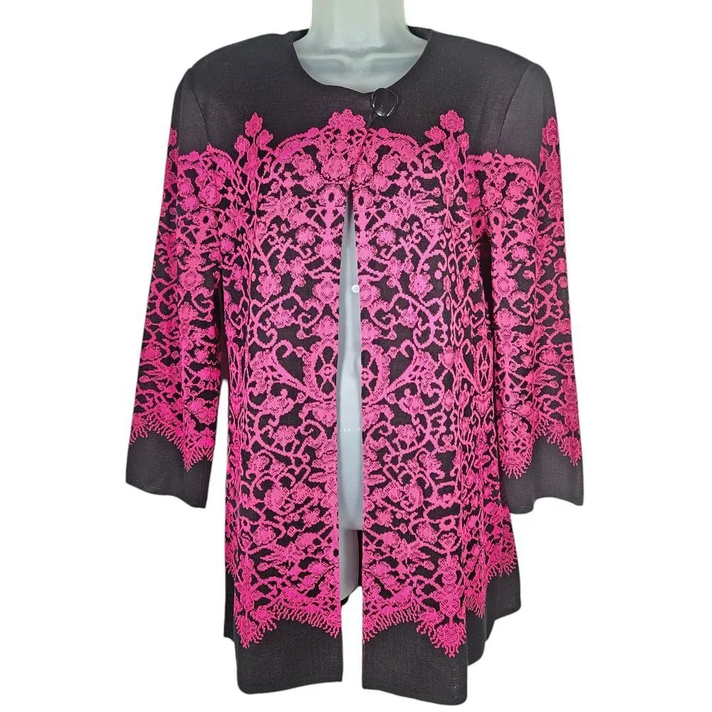 Misook Cardigan‎ Womens M Acrylic Knit Sweater Floral Lace Black Fushsia Office